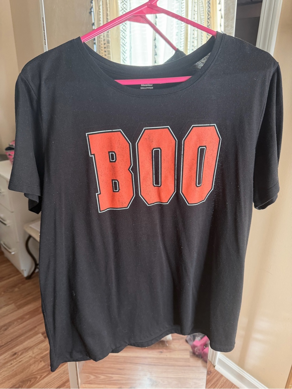 Women's Black Short Sleeve Tee with Orange 'BOO' Graphic